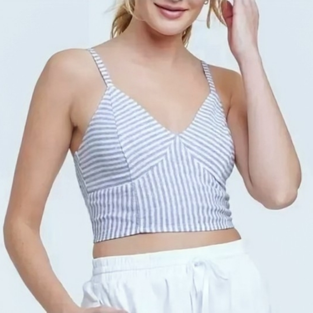 Linen Blend Universal Thread Striped Crop Top Blue White Cami XXL